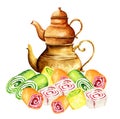 Taditional oriental teapot with turkish delight, rahat lokum, lukum, two copper turkish teapots, oriental tea drinking