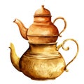 Taditional oriental teapot, two copper turkish teapots, oriental tea drinking on white background