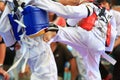 Taekwondo athletes fighting on stage Royalty Free Stock Photo