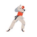 Taekwondo fighter in defending stance. Korean tae-kwon-do wrestler in action, defense pose, fight posture. Athlete with