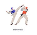 Taekwondo fighters combat. Korean martial art. Asian sport wrestling, fighting battle. Wrestlers kicking, attacking at