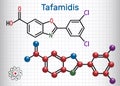 Tafamidis trade name Vyndaqel molecule. Sheet of paper in a ca