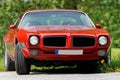 Old red american muscle car in the grass Royalty Free Stock Photo