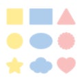 Blank cute colorful frames including square, rectangle, triangle, circle, ellipse, scalloped circle, star, cloud and heart shapes.