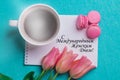 Tag happy international women's day and three pink tulips Royalty Free Stock Photo