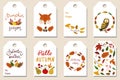 Set of 8 autumn fall gift tags. Leaves, fox, owl, pumpkin. Lettering and wreaths. Vector isolated labels templates.