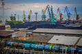 Cargo seaport with coal dumps in Taganrog city Royalty Free Stock Photo