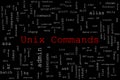 Tagcloud made of Unix commands randomly placed on a black background