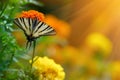 Tagetes erecta flower field and butterfly