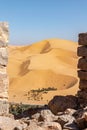 Aerial view through an old stone door frame from ruines of Djebel Baroun mountain. Royalty Free Stock Photo