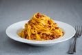 Tagliatelle with Bolognese sauce in a white dish, Italian cuisine Royalty Free Stock Photo