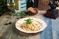 Tagliatelle mushrooms creamy sauce with parmesan Royalty Free Stock Photo