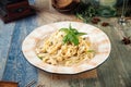 Tagliatelle mushrooms creamy sauce with parmesan Royalty Free Stock Photo