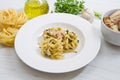 tagliatelle and mushrooms and fresh ingredients Royalty Free Stock Photo