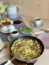 Tagliatelle with mussels in a pan Royalty Free Stock Photo