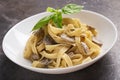 Tagliatelle noodles with mushrooms in cream sauce in white dish. Italian pasta. Mediterranean cuisine