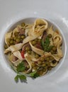 Tagliatelle pasta with beans and mushrooms and