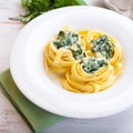 Tagliatelle Pasta with Blue Cheese Sauce and Spina