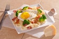 Tagliatelle pasta with broccoli, prosciutto and fried egg.