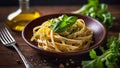 tagliatelle pasta with herbs in a plate