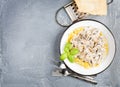 Tagliatelle pasta with mushrooms and creamy sauce, parmesan cheese over concrete textured background Royalty Free Stock Photo