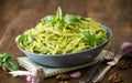 Tagliatelle pasta with pesto sauce Royalty Free Stock Photo