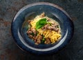 Tagliatelle pasta with porcini mushrooms in cream sauce and Parmesan Royalty Free Stock Photo