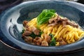 Tagliatelle pasta with porcini mushrooms in cream sauce and Parmesan cheese Royalty Free Stock Photo