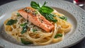 tagliatelle pasta with red fish gourmet mediterranean