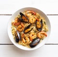 Tagliatelle pasta with shrimps and mussels. Seafood. Italian cuisine