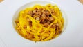 Tagliatelle with porcini mushrooms. Castelluccio di Norcia. Apennines, Umbria, Italy Royalty Free Stock Photo