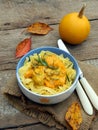 Tagliatelle, spaghetti with chicken with pumpkin s