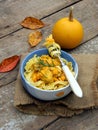 Tagliatelle, spaghetti with chicken with pumpkin s