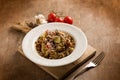 Tagliatelle with white ragout and zucchinis Royalty Free Stock Photo