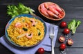 Tagliolini Pasta spaghetti with shrimps and vegetables Royalty Free Stock Photo