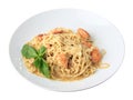 Tagliolini with pesto and shrimps - side view Royalty Free Stock Photo