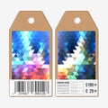 Tags on both sides, cardboard sale labels with barcode. Polygonal design, colorful geometric triangular backgrounds Royalty Free Stock Photo