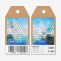 Tags on both sides, cardboard sale labels with barcode. Polygonal design, colorful geometric triangular backgrounds Royalty Free Stock Photo