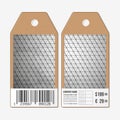 Tags on both sides, cardboard sale labels with barcode. Polygonal design, geometric triangular backgrounds Royalty Free Stock Photo