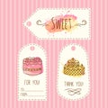Tags with cake illustration. Vector hand drawn labes set with watercolor splashes.