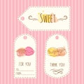 Tags with candy illustration. Vector hand drawn labels set with watercolor splashes. Sweet vector candies design. Royalty Free Stock Photo