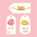 Tags with cookie illustration. Vector hand drawn labels set with watercolor splashes. Sweet vector macaroons. Royalty Free Stock Photo