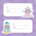 Tags with Cute Hippo Character Sitting and Smiling Vector Template Royalty Free Stock Photo