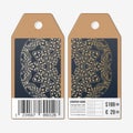 Tags design on both sides, cardboard sale labels with barcode. Golden microchip pattern, abstract template, connecting