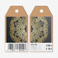 Tags design on both sides, cardboard sale labels with barcode. Golden microchip pattern, dark background, connecting