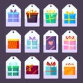 Tags gifts. Commodity advertising labels template with images of gift colored with ribbons packages vector merchandise