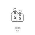 tags icon vector from mall collection. Thin line tags outline icon vector illustration. Outline, thin line tags icon for website