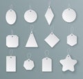 Tags labels. White paper empty price tag with string in different shapes. Mockups for christmas gifts isolated vector Royalty Free Stock Photo