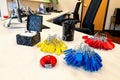 Tags locks and pens on a working desk of a business that rents storage