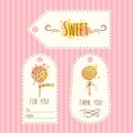 Tags with lollipop illustration. Vector hand drawn labels set with watercolor splashes. Sweet candies design.